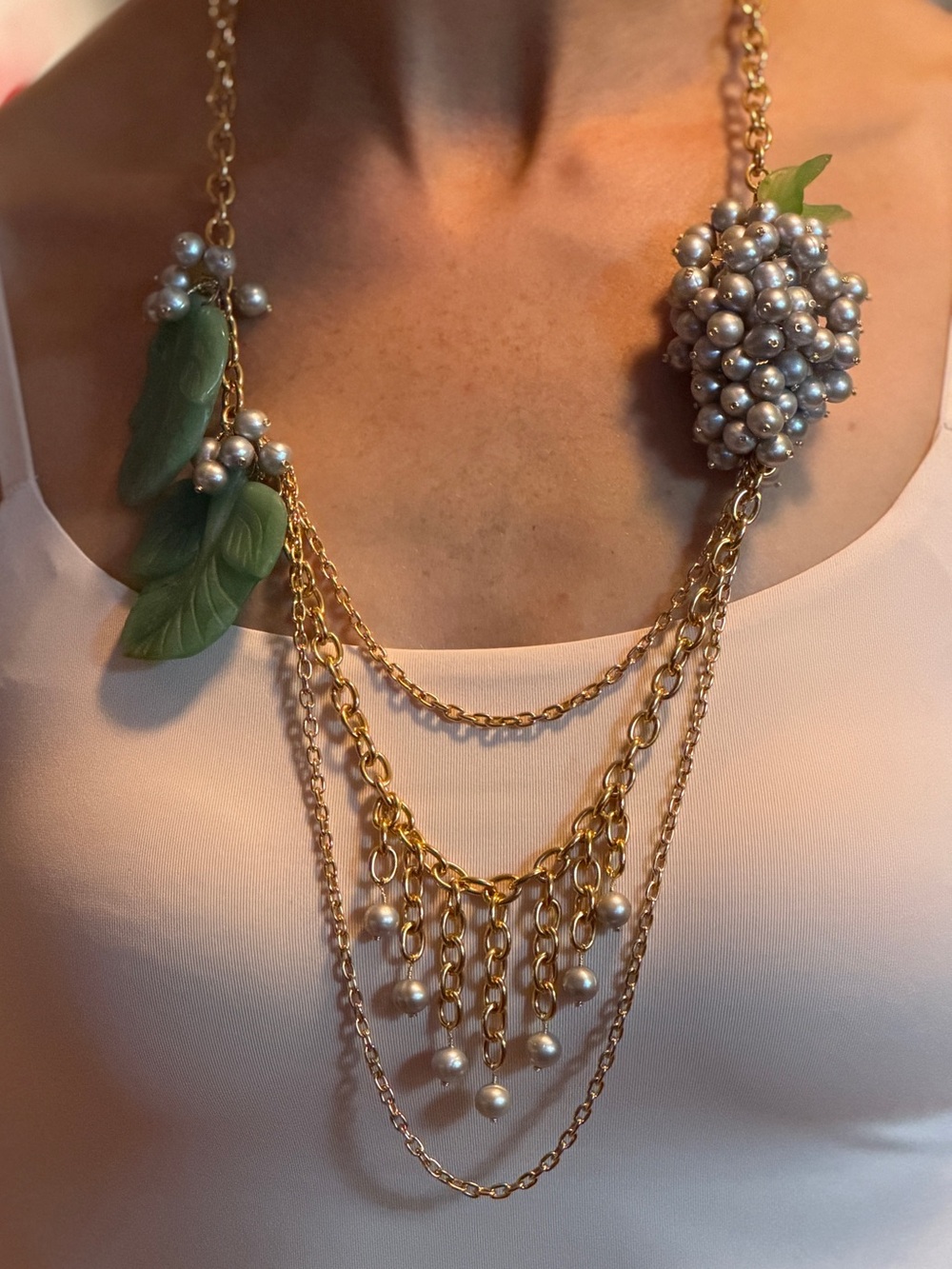 Gold Multi-Strand Pearl & Leaf Statement Necklace - Women Jewelry